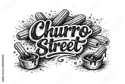 Churro Street logo design with churros dipped in chocolate sauce, hand-drawn style