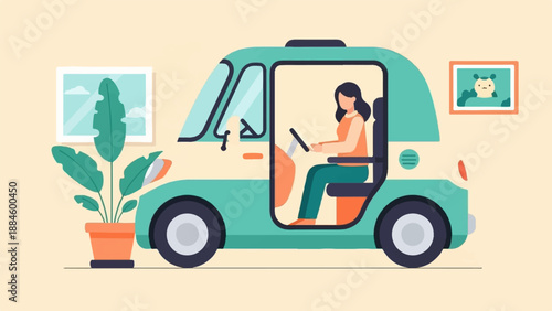 Woman drives futuristic vehicle inside a home