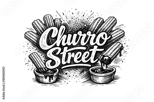 Churro Street logo design with hand-drawn churros and chocolate dipping sauce