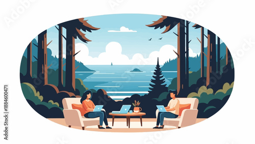 People working remotely by a scenic lake, surrounded by trees