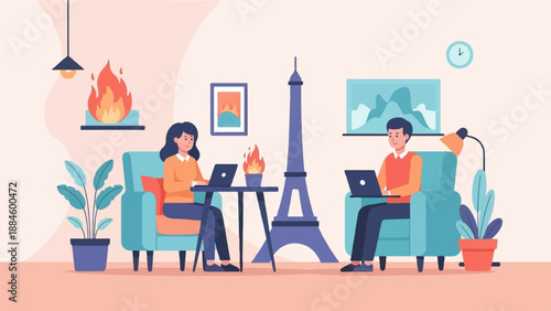 Two people working on laptops in a cozy room with a Eiffel Tower replica