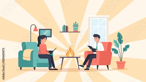 People in cozy living room with fireplace and plants reading books