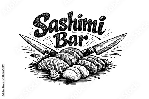 Sashimi Bar logo with knives and fresh fish slices, hand-drawn sketch style