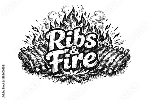 Hand-drawn illustration of ribs and fire, a smoky barbecue logo concept