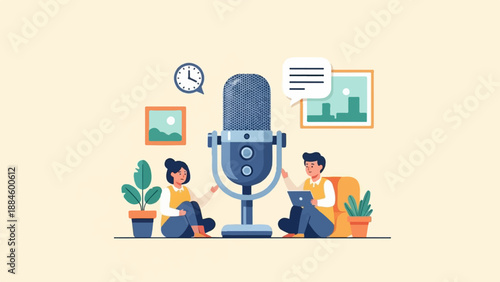 Two people with a microphone, plants, and pictures