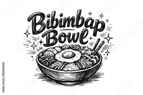 Hand-drawn illustration of a delicious Bibimbap bowl with chopsticks and sparkling stars