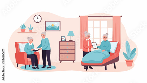 Two elderly women in a cozy room, one seated, one standing, sharing a book
