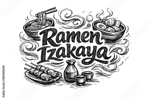 Hand-drawn illustration of Ramen and Izakaya food and drinks with stylized lettering