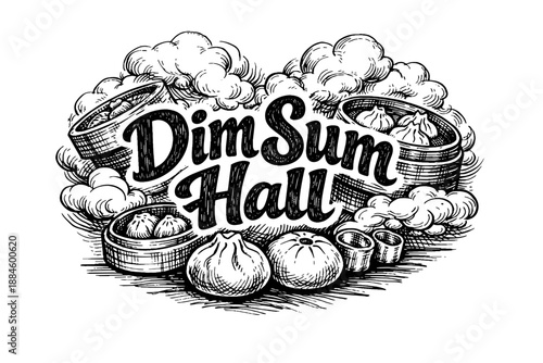 Hand-drawn illustration of "Dim Sum Hall" with steaming dumplings and bamboo baskets
