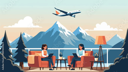 Two women working on laptops on a balcony with snowy mountains and a plane