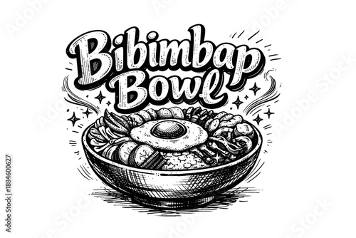 Hand-drawn illustration of a delicious Bibimbap bowl with a fried egg on top