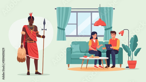 Traditional warrior meets modern couple discussing technology on couch