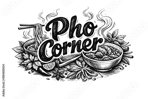 Pho Corner hand-drawn illustration with steaming bowls of noodle soup and spices