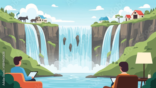 People relax at home near majestic waterfalls, enjoying nature and technology