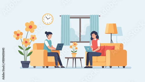 Two people on couches using laptops in a room with flowers