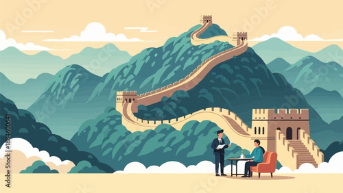 Scenic view of a winding ancient wall on a verdant mountain with two people