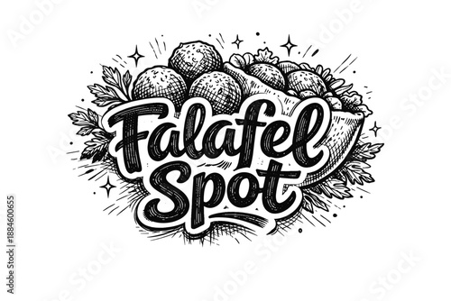 Hand-drawn "Falafel Spot" logo with fresh ingredients and a retro vibe