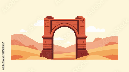 Stylized ancient archway against a backdrop of rolling hills and clouds