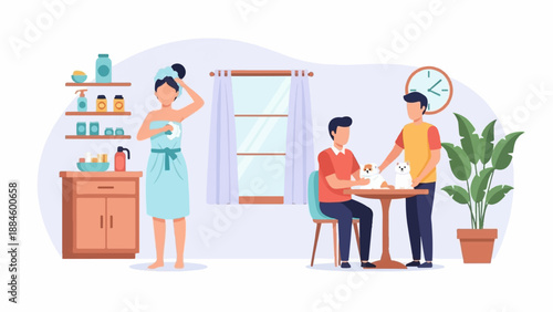 People interacting with pets and self-care routine in a room