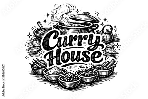 Curry House logo with spices and cooking pot in a hand-drawn sketch style