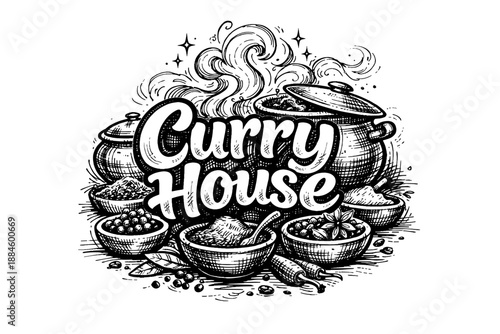 Curry House logo design with spices and cooking pots in a hand-drawn sketch style