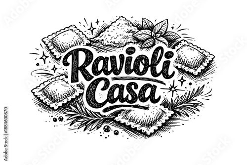 Hand-drawn Ravioli Casa logo with fresh basil and rosemary sprigs