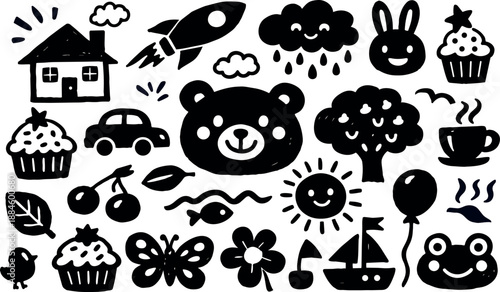 Whimsical kids doodle vector icon sheet with smiling bear face, cupcake, rocket, house, car, sailboat, sun, butterfly, tree, balloon, bunny