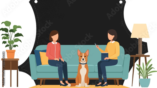 Two women and a dog sit on a couch in a living room setting