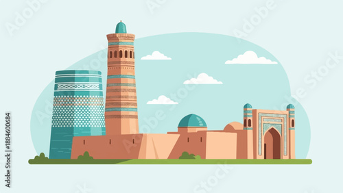Stylized illustration of ancient eastern architecture against a cloudy sky