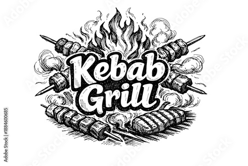 Kebab Grill logo with skewers of meat cooking over flames and smoke