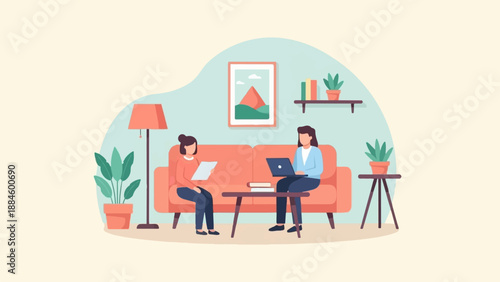 Two people sit on a sofa in a living room, one using a laptop