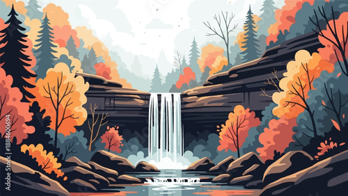 Serene autumn waterfall cascades through vibrant foliage and rocks