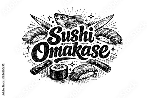 Hand-drawn Sushi Omakase lettering with fish and knives, Japanese food art