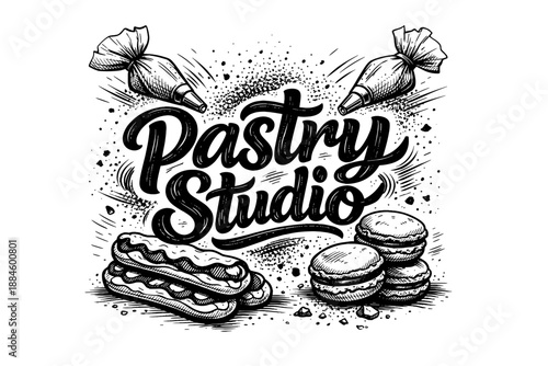 Pastry Studio hand-drawn lettering with eclairs and macarons illustration