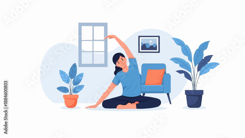 Woman practicing yoga in a room with plants and furniture