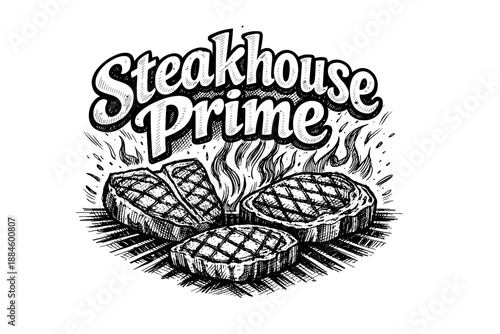Steakhouse Prime: Hand-drawn illustration of grilled steaks with flames and smoke