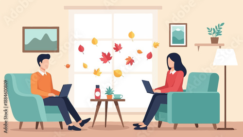 Two people working on laptops from home with autumn leaves falling outside