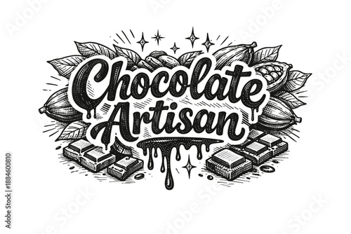 Hand-drawn "Chocolate Artisan" logo with cocoa pods and chocolate bars