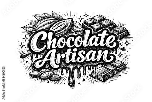 Hand-drawn illustration of chocolate artisan with cocoa beans and chocolate bars