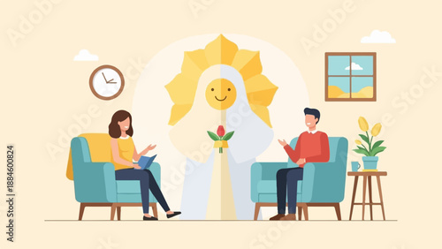 Two people in chairs talk to a smiling figure holding flowers