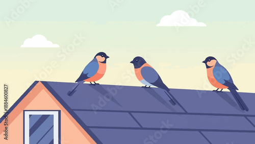 Three small birds perched on a rooftop under a pale yellow sky
