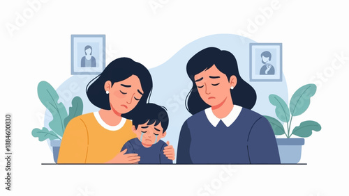 Two women and a child looking sad, with framed pictures in the background