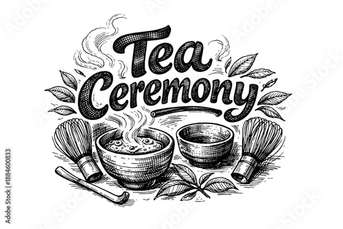 Traditional Japanese tea ceremony calligraphy with matcha preparation tools and steaming bowls