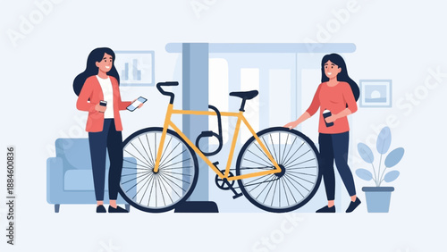 Two women near a yellow bicycle with a lock, one holding a phone, inside