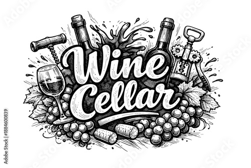 Hand-drawn illustration of "Wine Cellar" with grapes, bottles, and corkscrews