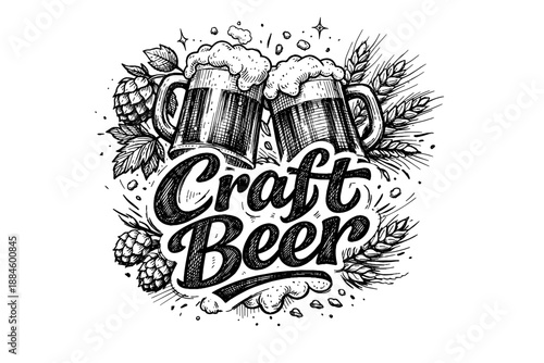 Hand-drawn illustration of two frothy beer mugs clinking with "Craft Beer" text