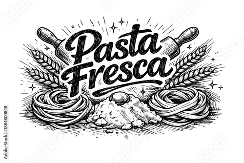 Fresh Pasta Ingredients and Tools Hand Drawn Illustration