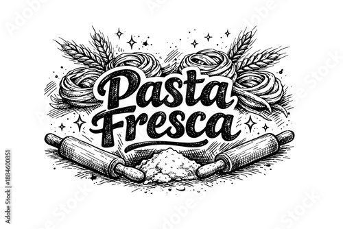 Hand-drawn "Pasta Fresca" logo with wheat, spaghetti nests, and rolling pins