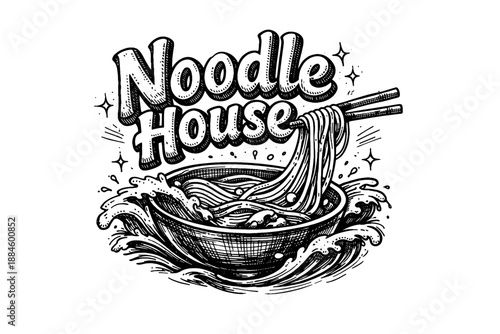 Noodle House logo with chopsticks lifting steaming noodles from a bowl surrounded by waves