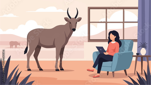 Woman with laptop indoors, large antelope outside, savanna landscape